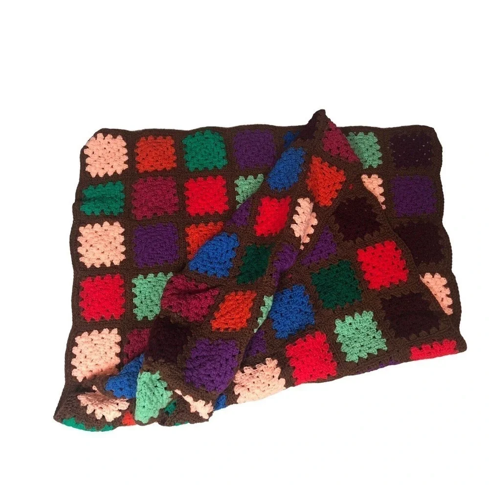 Granny Square Handmade Crochet Throw Brown Multi Chunky Funky Bohemian‎ Vintage